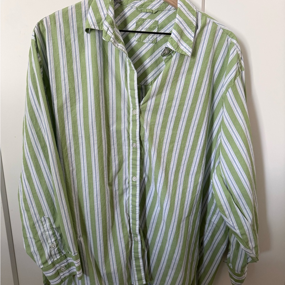 Green and White Oversized Striped Button-Up Shirt